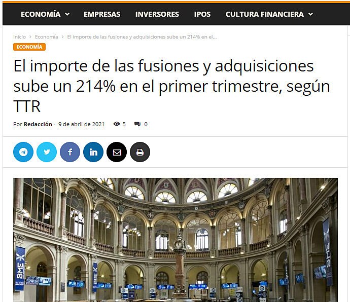 El importe de las fusiones y adquisiciones sube un 214% en el primer trimestre, segn TTR